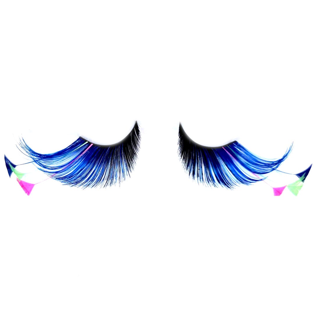 Dramatic black &amp; blue lashes with pink &amp; green feather tips.